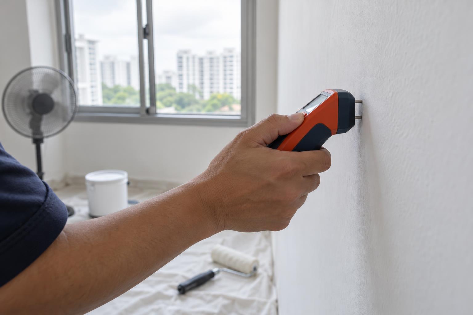 Pin-type moisture meter pressed against a cleaned white wall in a Singapore flat to check it is dry before painting, with a fan running in the background