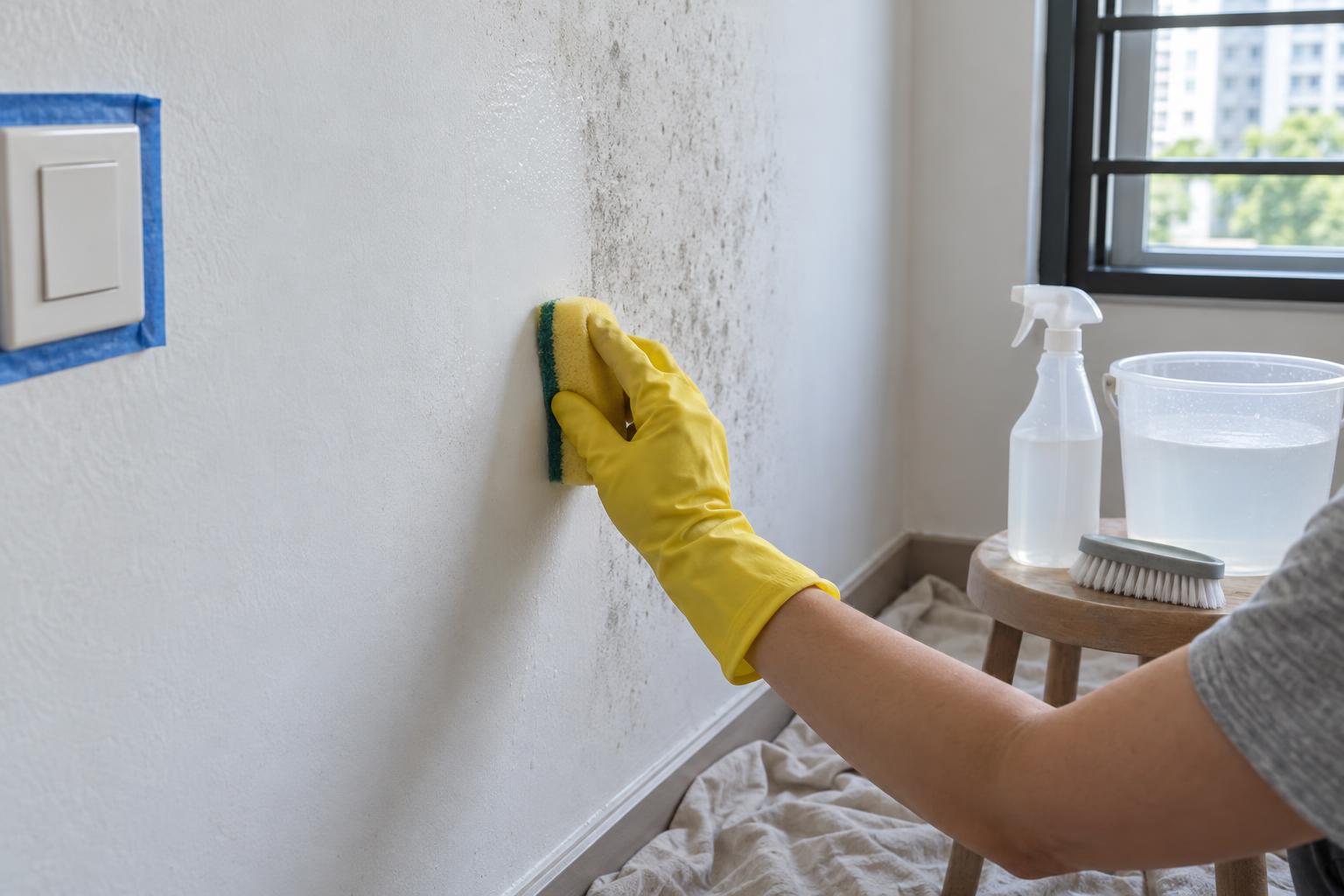 Hand in a yellow rubber glove wiping grey mould off a painted bedroom wall with a damp sponge before repainting, with a spray bottle and bucket on a stool