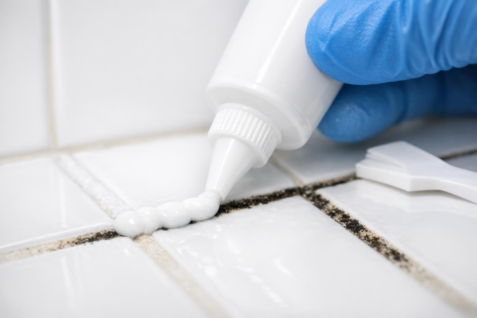 Close-up of mold removal gel being applied to bathroom grout lines showing the thick consistency that allows the product to cling to narrow crevices