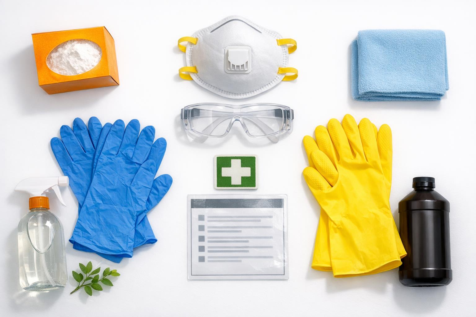 Mold removal safety equipment laid out including N95 respirator mask, safety goggles, rubber gloves, and cleaning supplies ready for a mold removal job