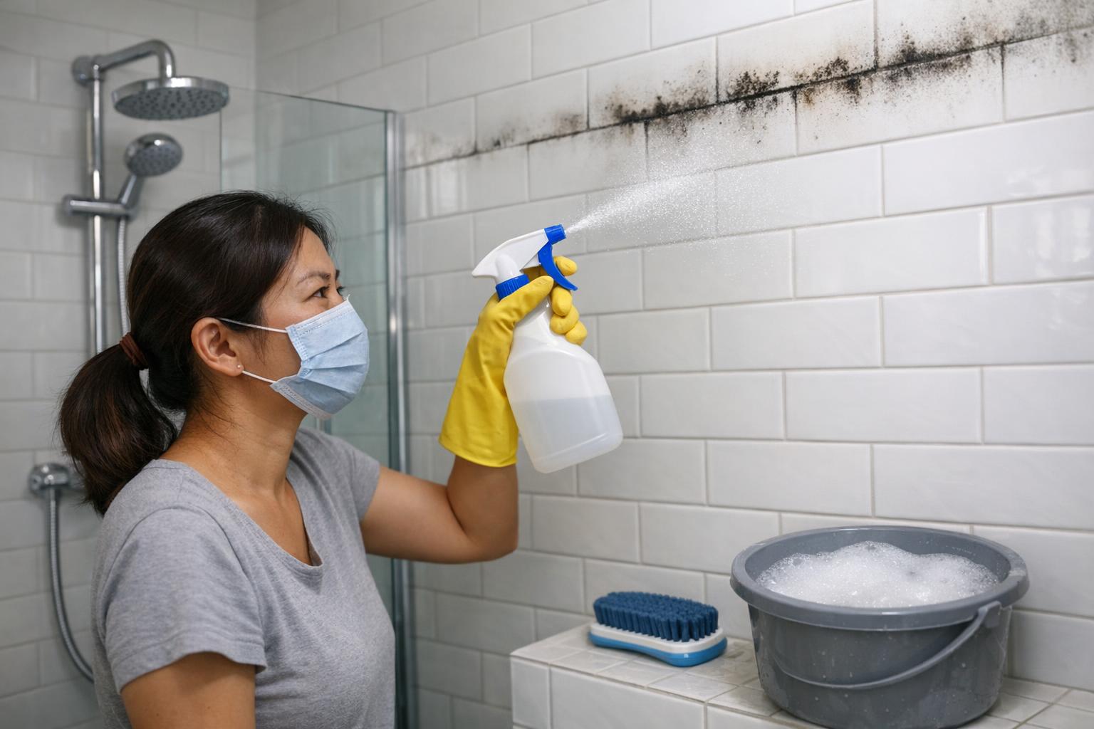 Demonstrating proper mold remover spray technique on a bathroom wall showing even coverage and recommended distance
