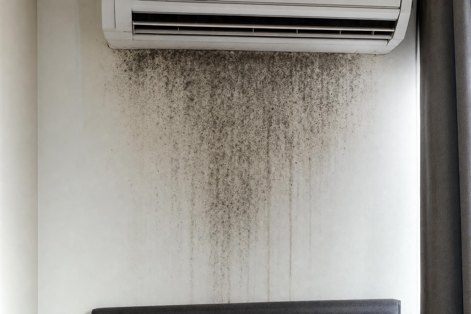 Dark mould spreading down a bedroom wall beneath a wall-mounted air conditioning unit in a Singapore condominium