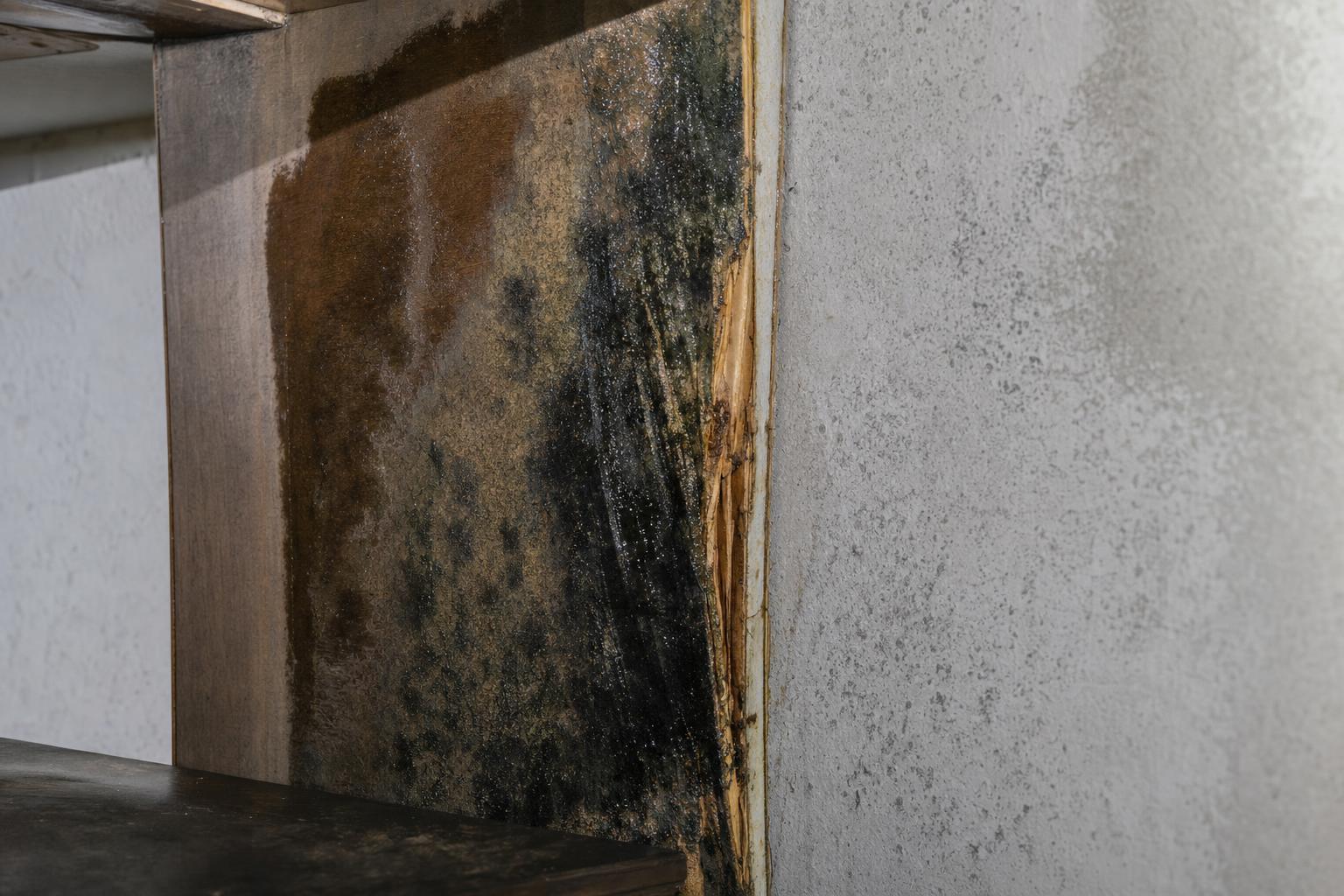 Slimy dark mould growth on damp plywood wardrobe panel beside a bare concrete wall showing only light speckling in a Singapore flat