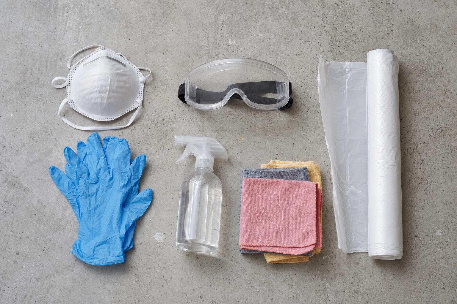 N95 respirator mask, safety goggles, nitrile gloves, spray bottle, microfibre cloths and plastic sheeting laid out for mould removal