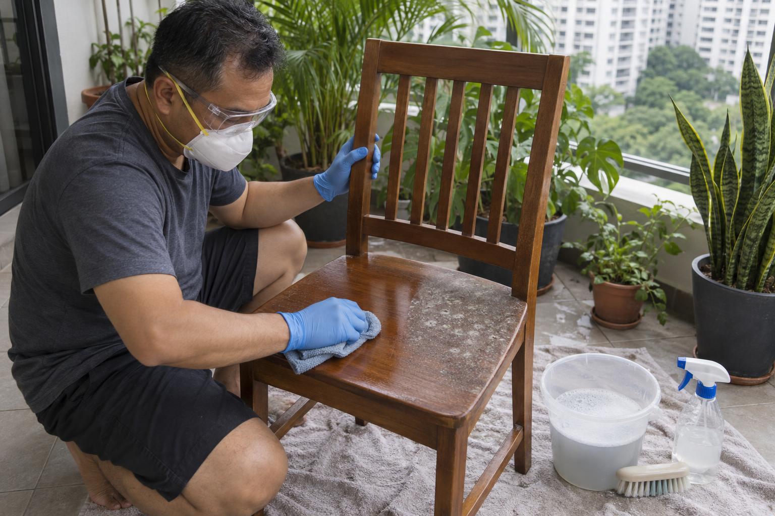 Man wearing an N-95 mask, goggles and blue nitrile gloves wiping grey-white mould off the varnished seat of a wooden chair on a Singapore condo balcony, with a bucket of soapy water, a soft brush and a spray bottle on a towel beside him