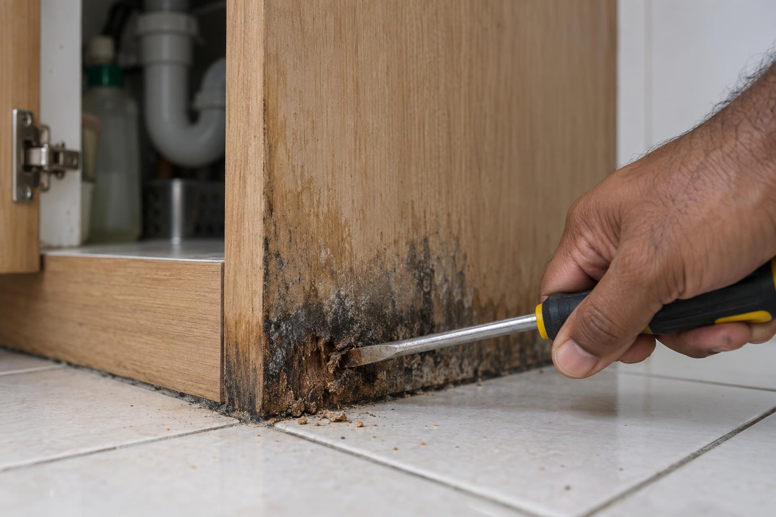 Hand pressing a flat-head screwdriver into the darkened, mouldy bottom edge of a wooden kitchen cabinet panel beside the sink, where the wood is soft and crumbling into fragments on the tiled floor