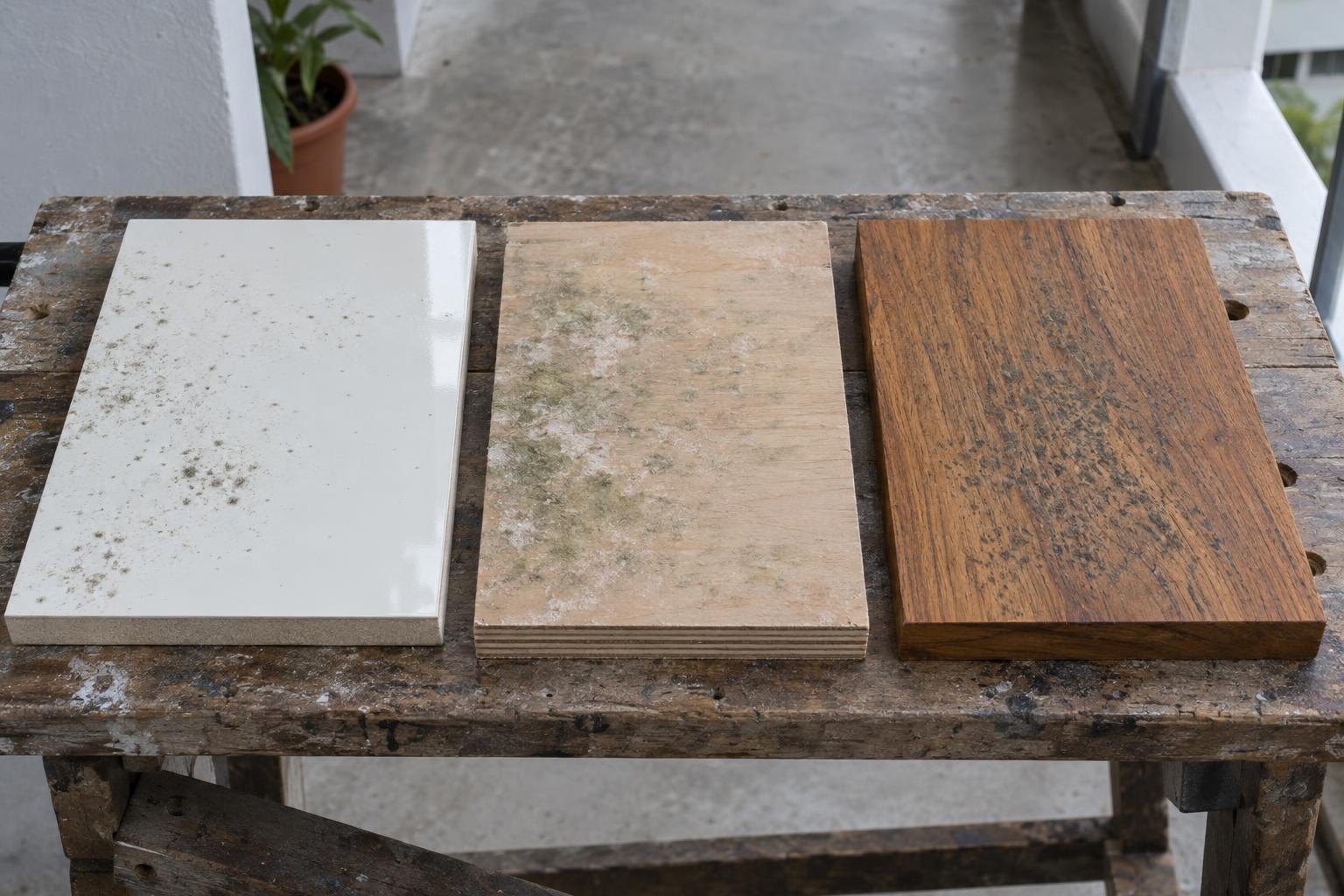 Three wood samples side by side with mould: a glossy white laminate board with grey spots on its surface, a raw plywood panel with greenish-white fuzzy growth, and a teak board with dark speckled stain following the grain