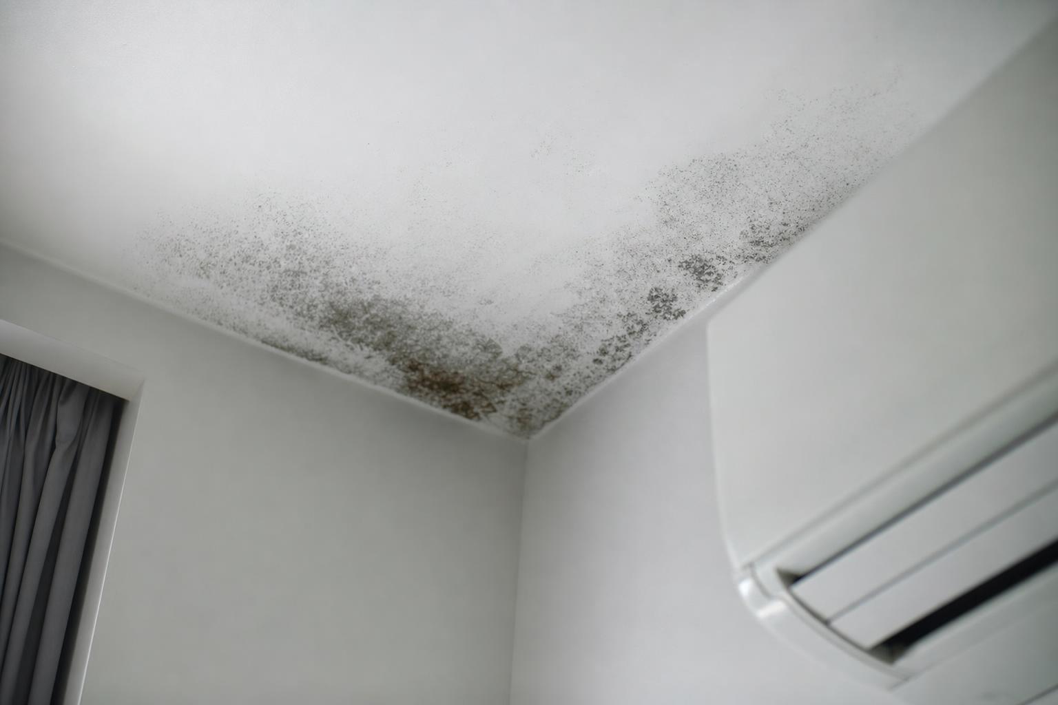 Mould forming in the corner of an air-conditioned bedroom ceiling in a Singapore condo