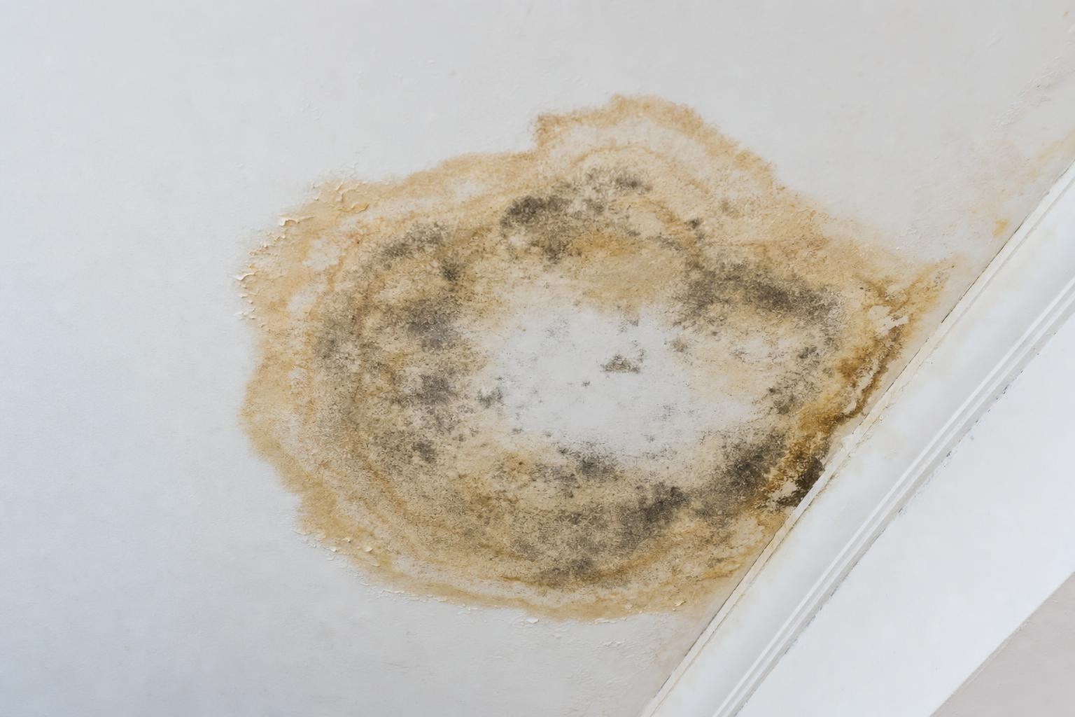 Brown water-stain ring around mould on a Singapore HDB ceiling indicating an inter-floor leak