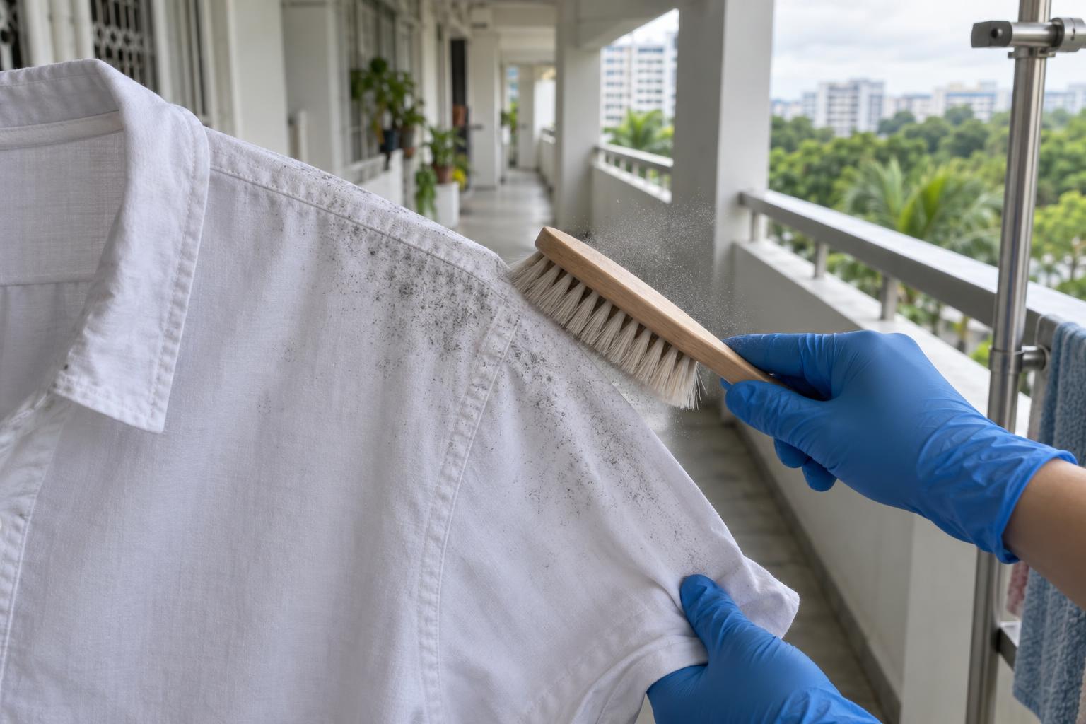 Gloved hand brushing grey mould growth off the shoulder of a white cotton shirt on an open HDB corridor