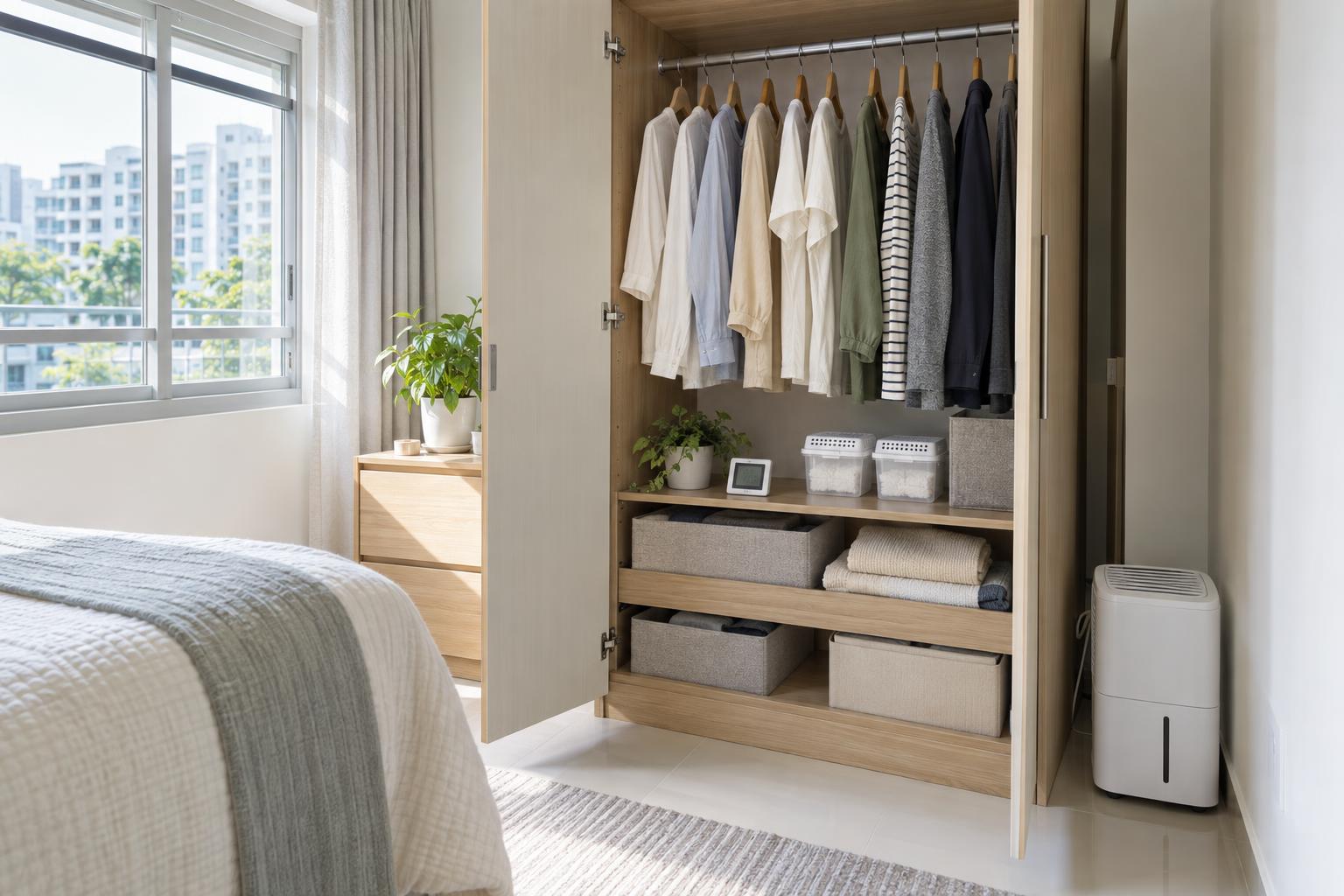 Well-spaced clothes on a wardrobe rail in a Singapore bedroom with a dehumidifier running and a hygrometer on the shelf