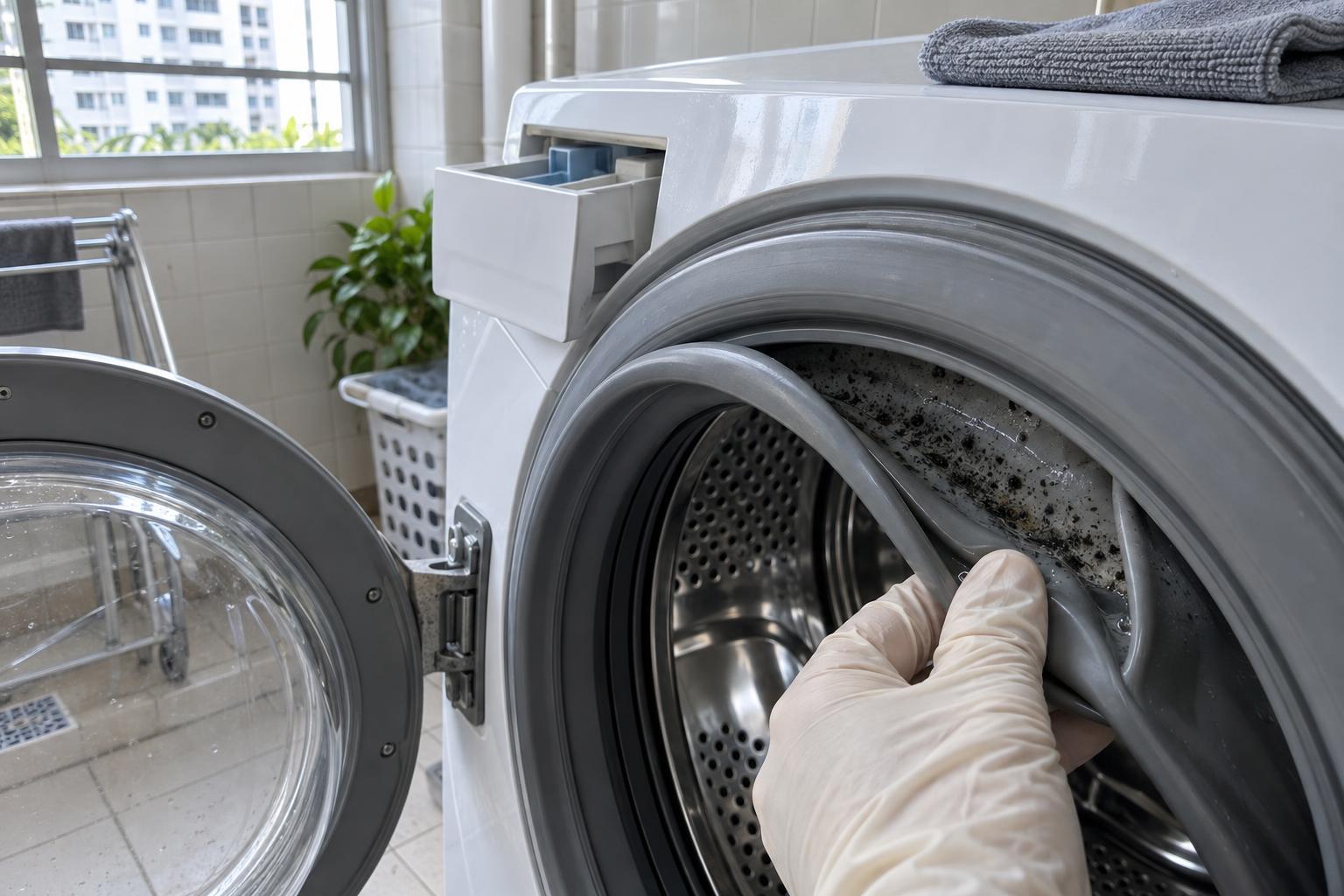 Gloved hand pulling back the rubber door seal of a front-loading washing machine to reveal black mould growth trapped in the fold