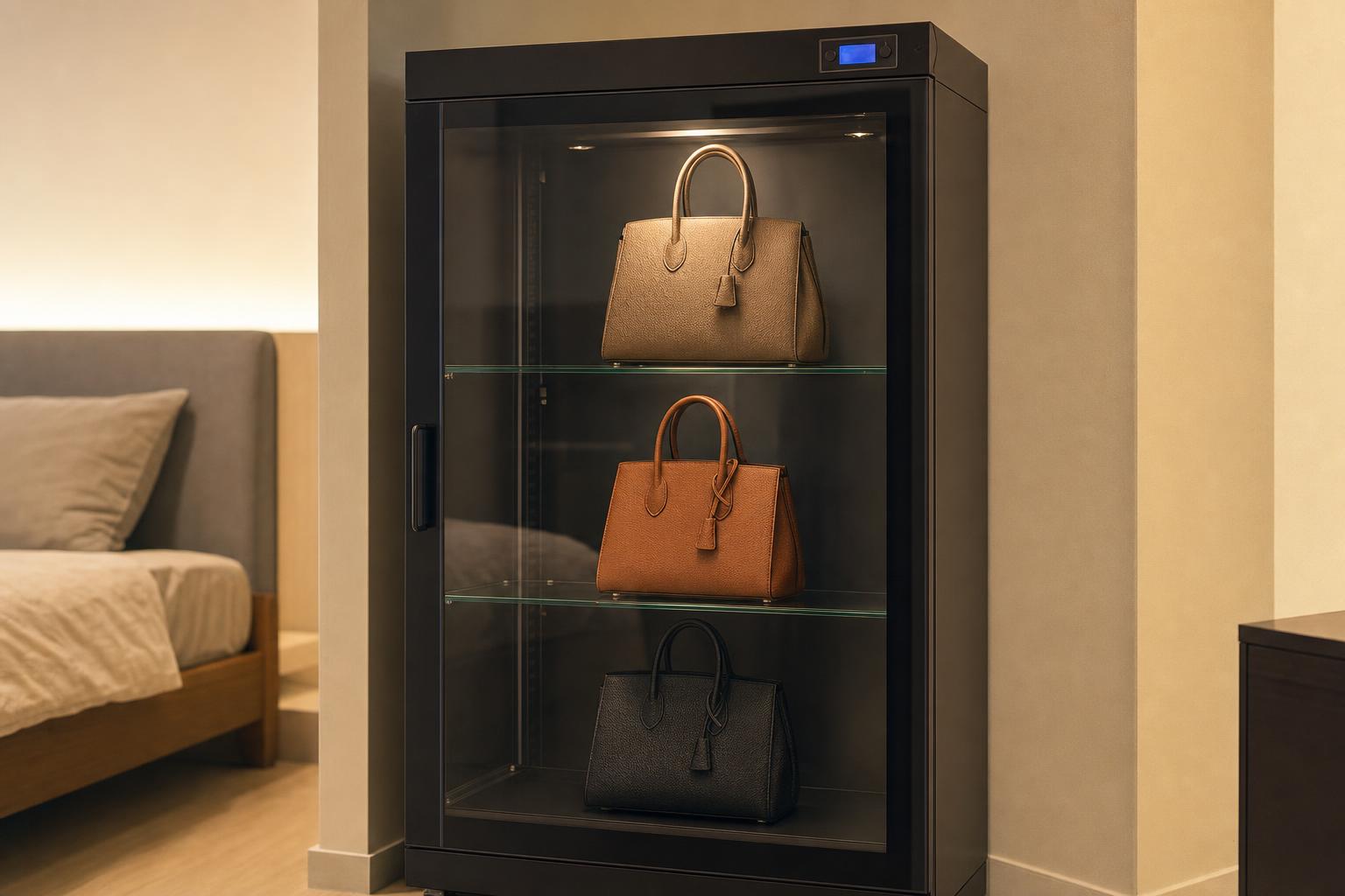Three leather handbags stored with air space between them on glass shelves inside a dry cabinet with a humidity display in a Singapore bedroom