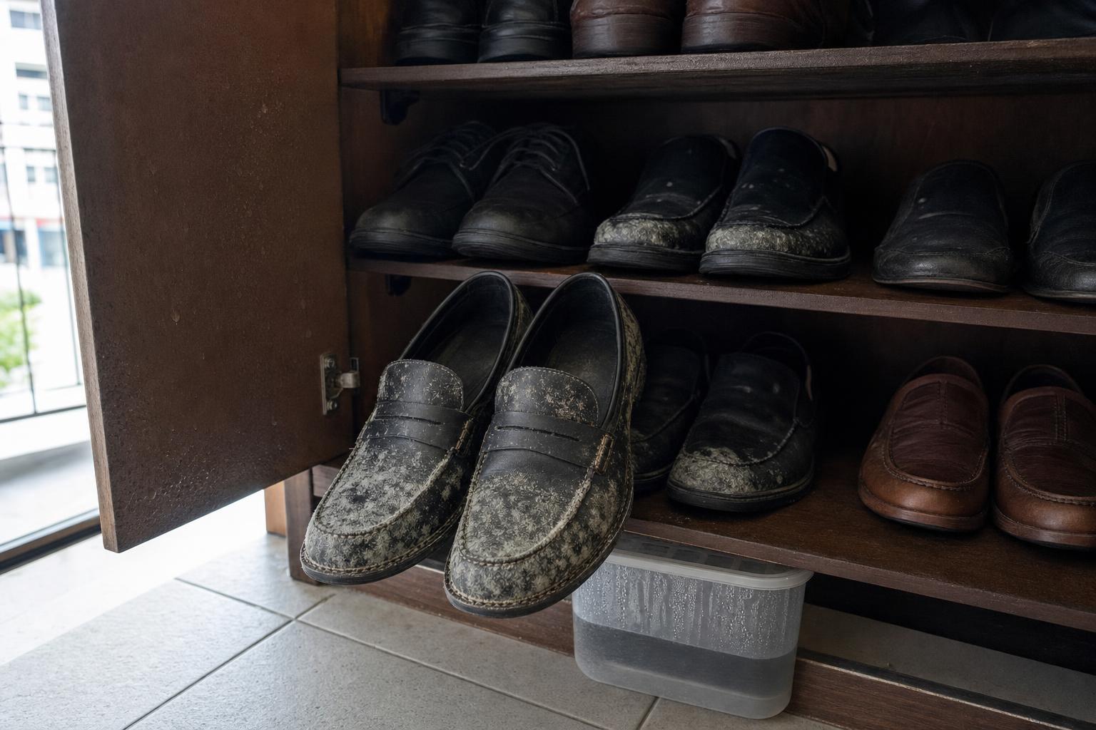 Leather shoes with grey-white mould growth in an enclosed Singapore HDB shoe cabinet with a saturated moisture absorber tub on the lower shelf