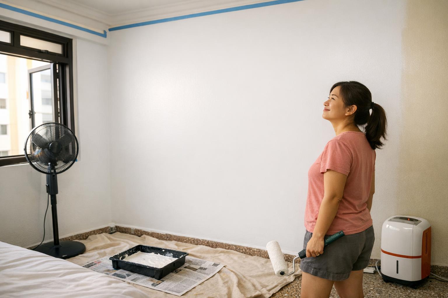 Anti-mold paint being applied to a wall in a Singapore HDB flat as a preventive measure against mold growth