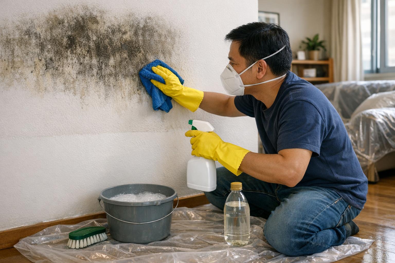Professional mold removal technician cleaning mold from a wall in a Singapore HDB flat using proper technique with PPE and commercial cleaning solution