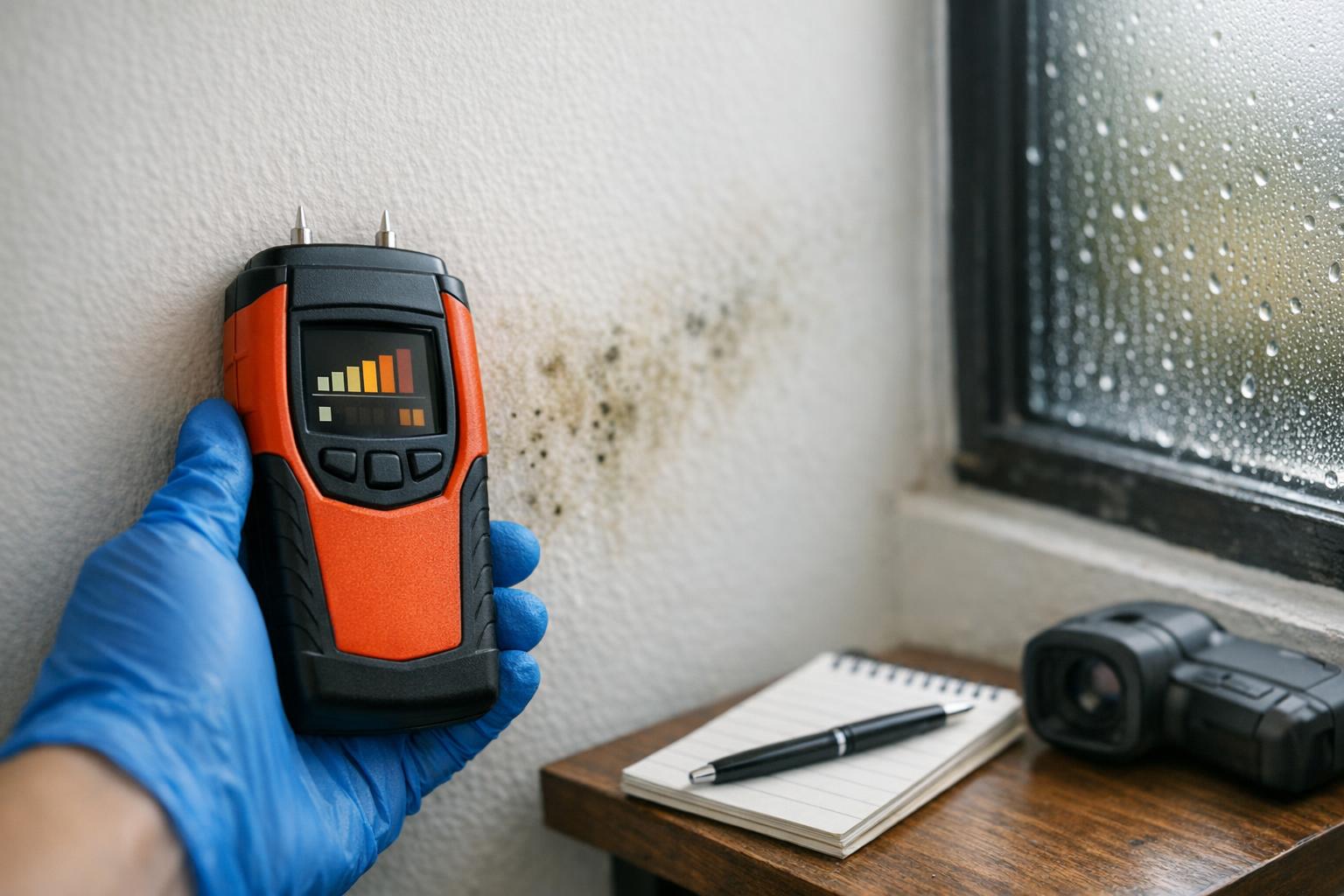 Moisture detection on a Singapore wall using a professional moisture meter showing elevated readings near an air conditioning unit
