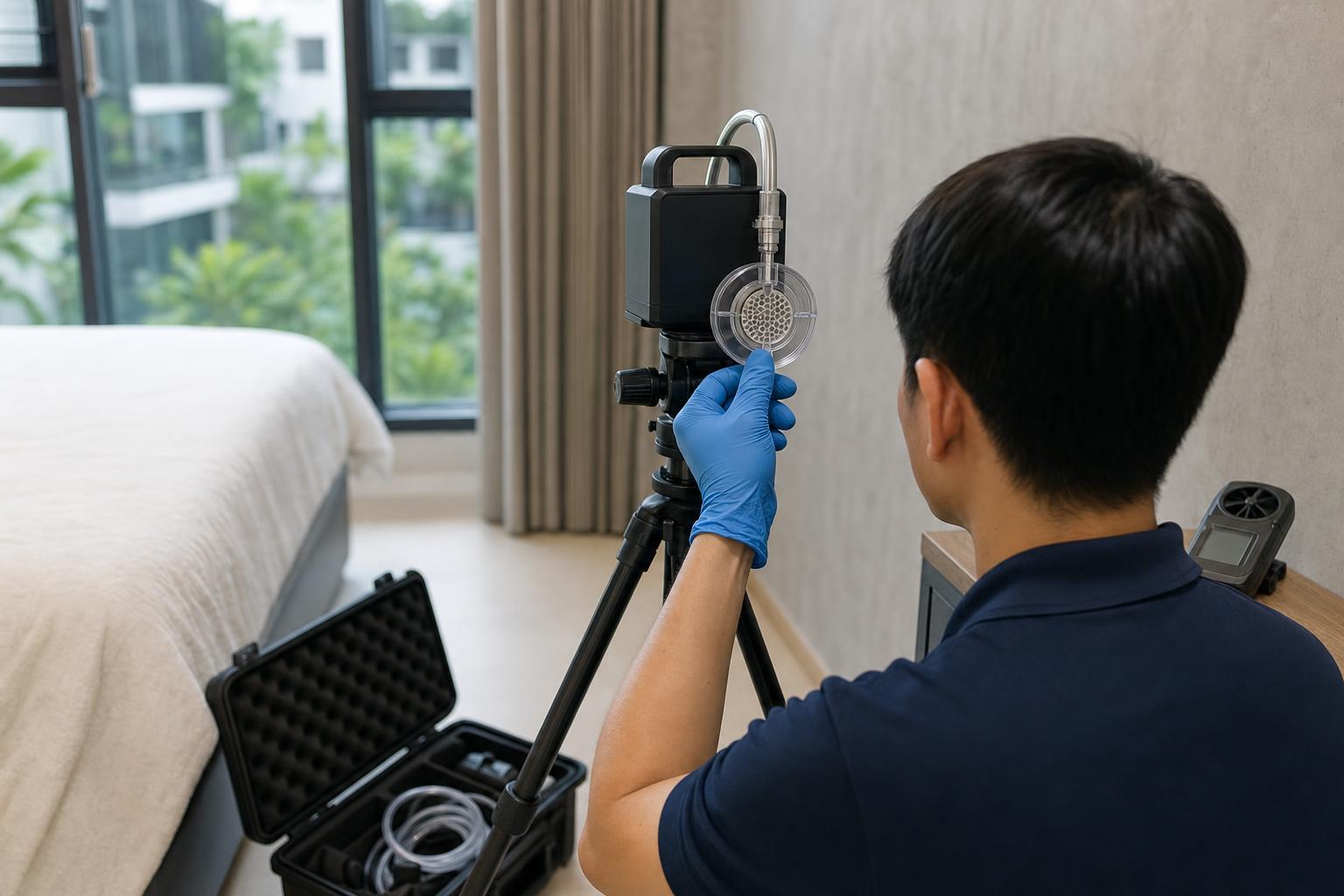 Technician operating an air sampling pump with a spore trap cassette during an indoor air quality assessment in a Singapore bedroom