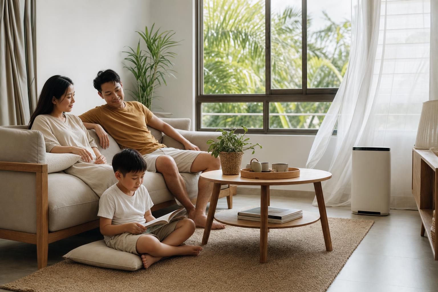 Family relaxing in a bright well ventilated Singapore HDB living room with open windows and a dehumidifier running