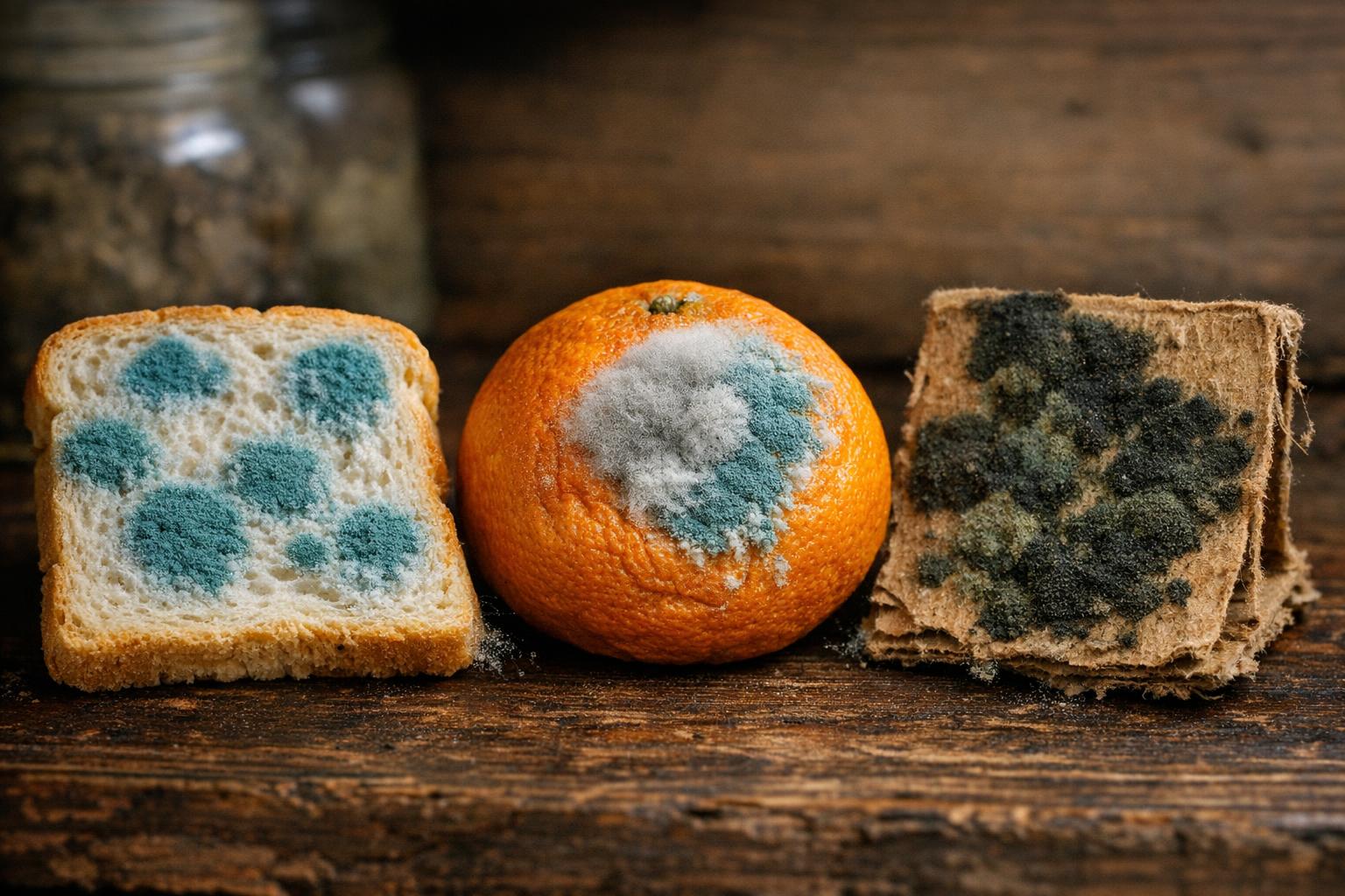 Different types of mold growing on organic materials showing the variety of colours and textures typical of common indoor mold species