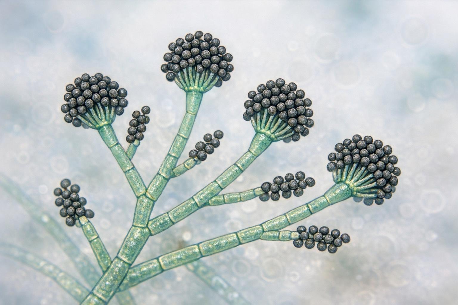 Microscopic view of mold fungal hyphae with branching structures and spore-bearing conidiophores typical of Aspergillus species