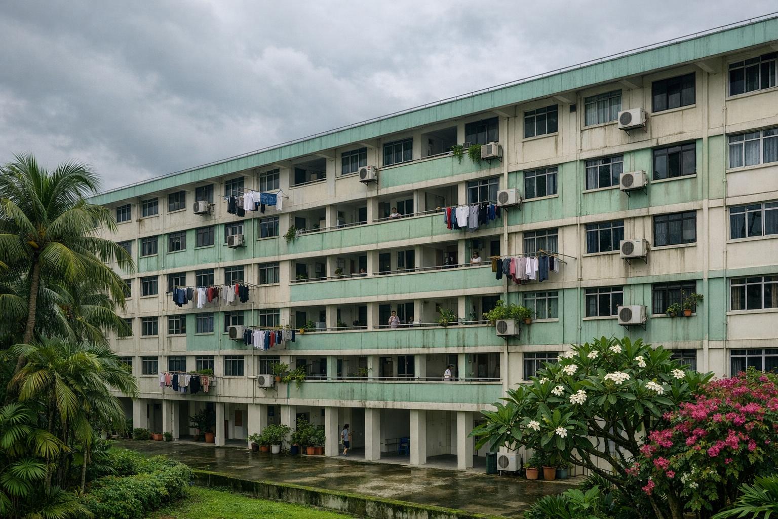 Singapore HDB residential block surrounded by tropical vegetation under overcast humid skies showing the typical high-humidity environment