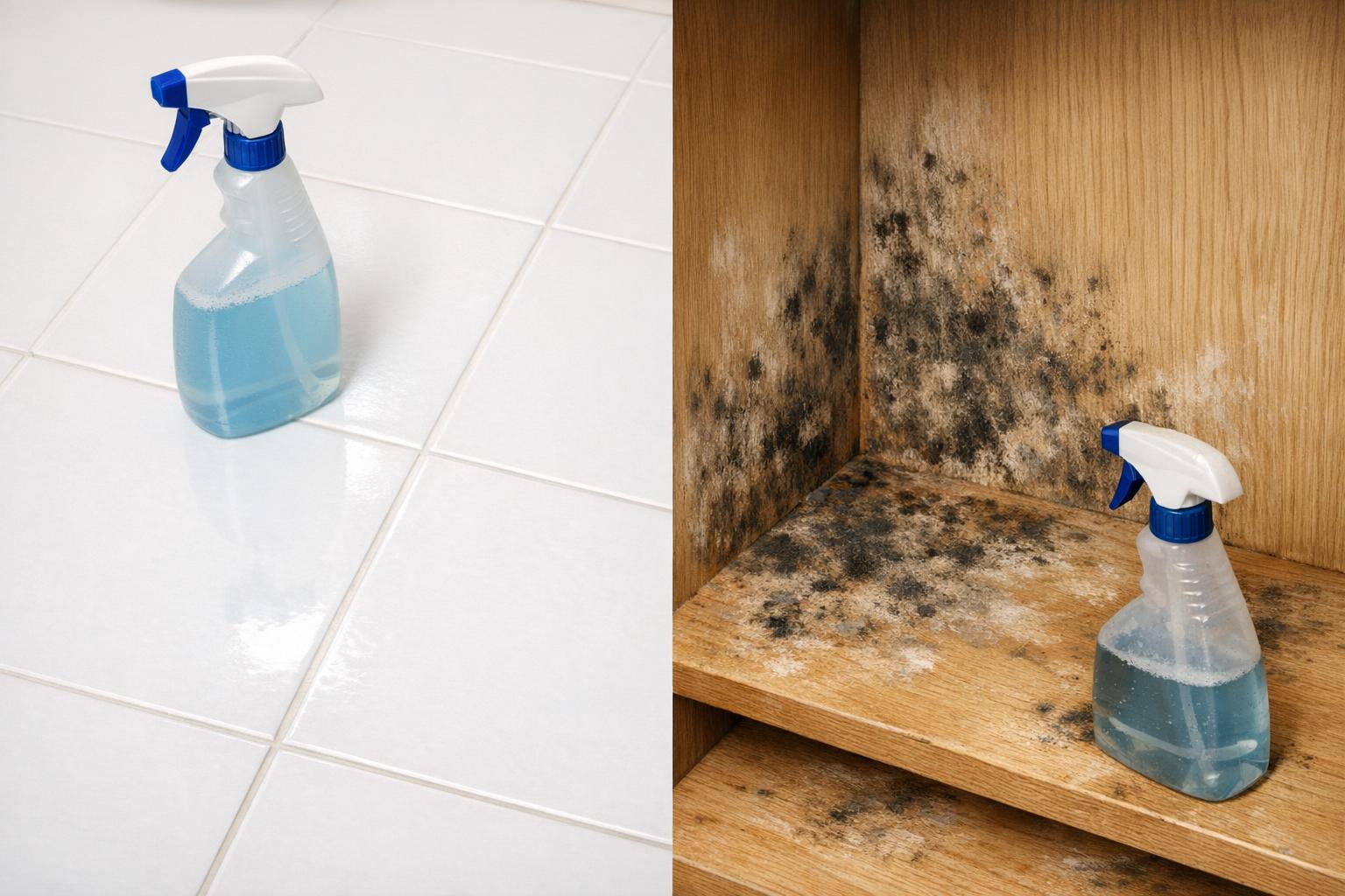 Side-by-side comparison showing bleach effectiveness on bathroom tiles versus its failure to penetrate mold in wooden surfaces