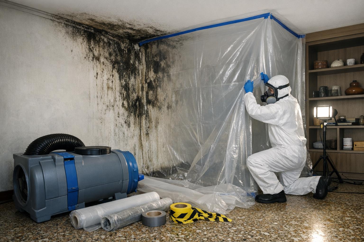 Professional mold remediation technician in full protective gear setting up HEPA air scrubber and containment sheeting for large-scale mold removal in a Singapore HDB flat