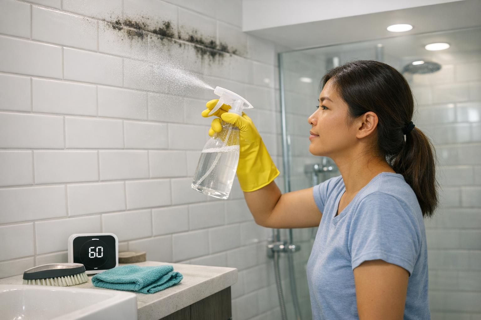 Woman applying undiluted white vinegar spray to mold growth on bathroom tiles in a Singapore HDB flat, demonstrating proper saturation technique