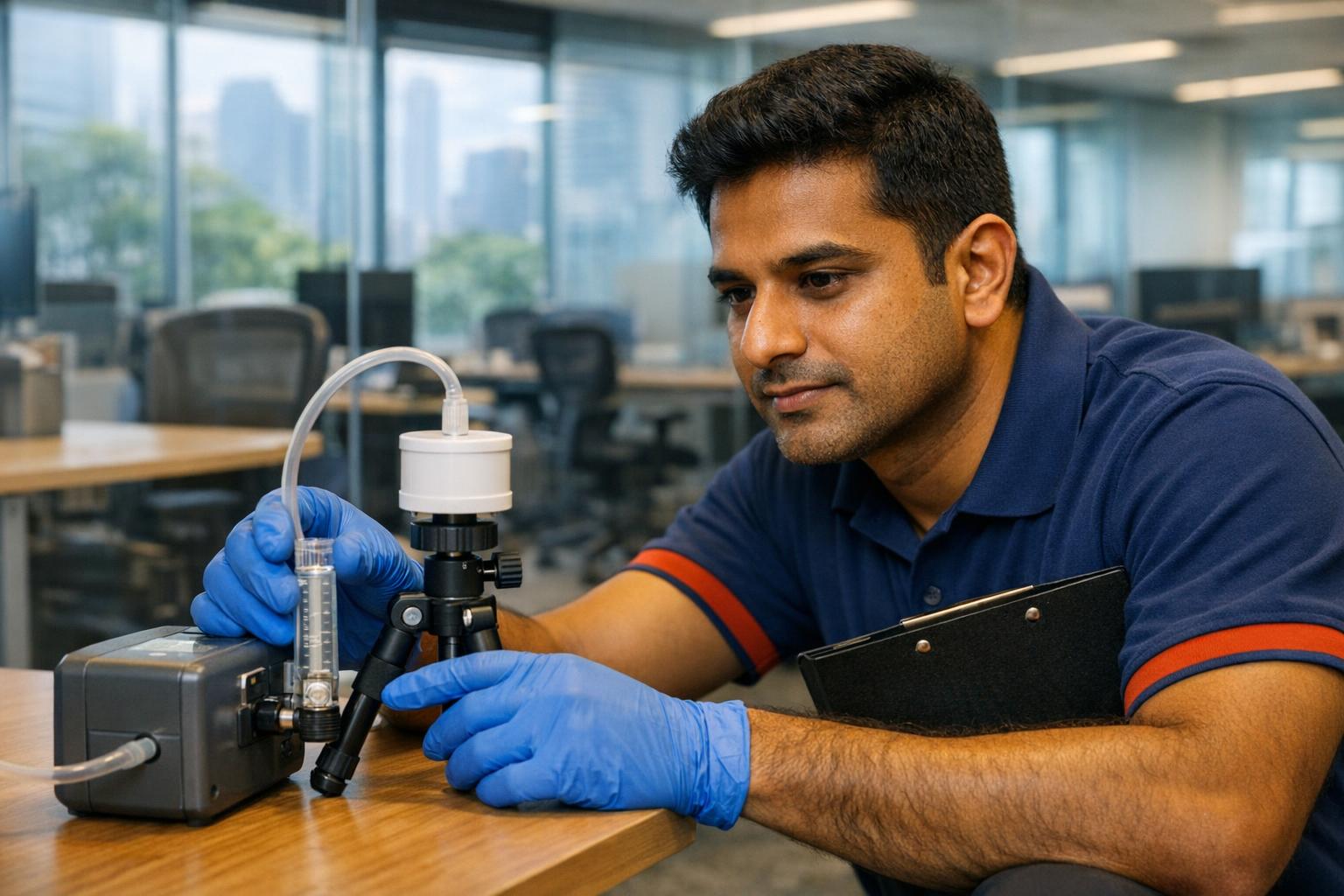 Technician using calibrated spore trap air sampling equipment for mold testing in Singapore office