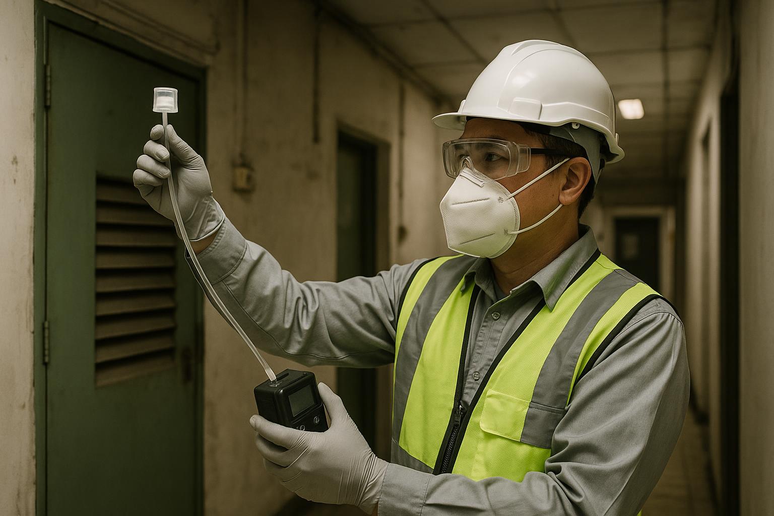 Environmental technician collecting air sample for asbestos fibre monitoring in a Singapore building