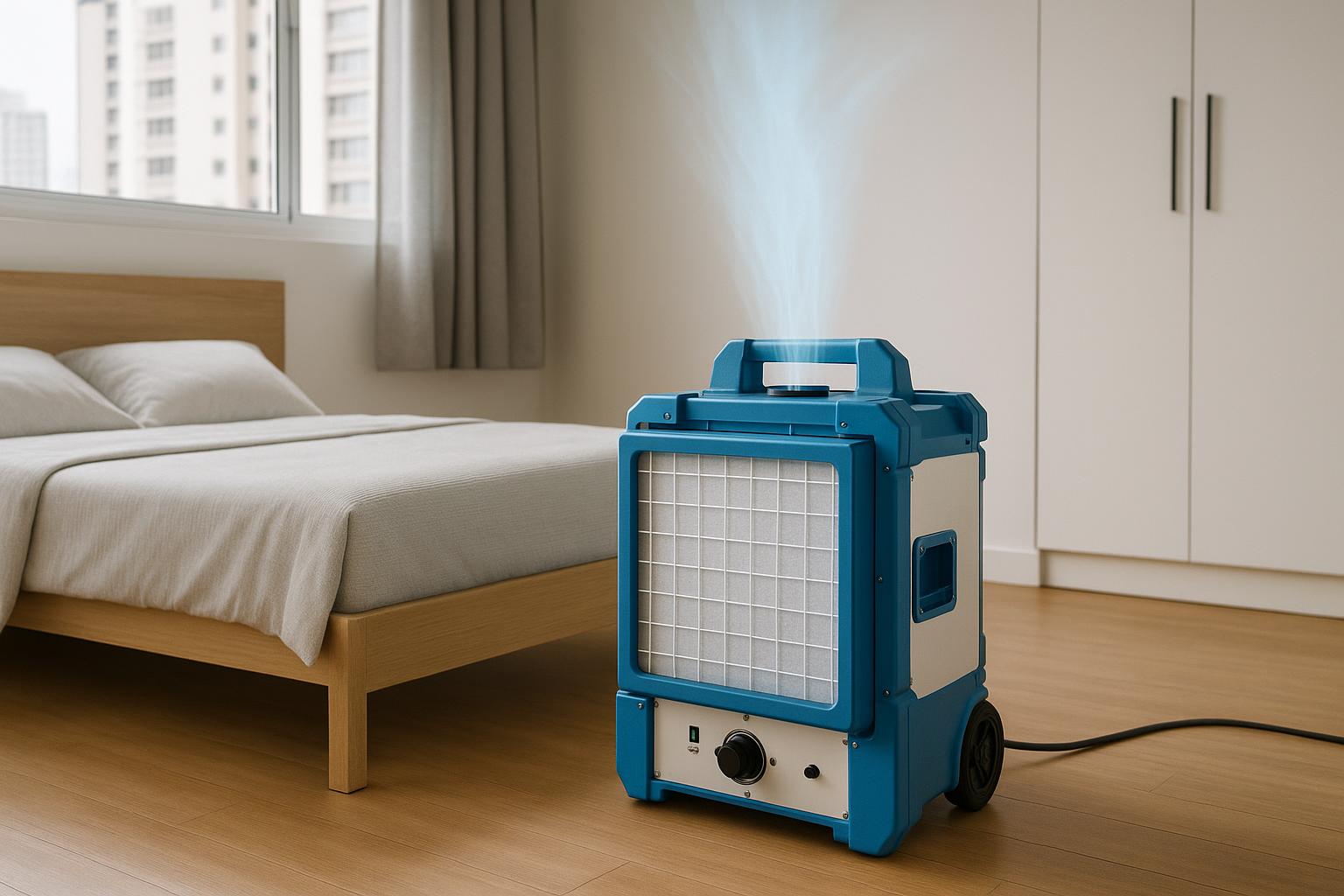 Professional HEPA air scrubber machine running in a Singapore apartment bedroom for odour removal treatment