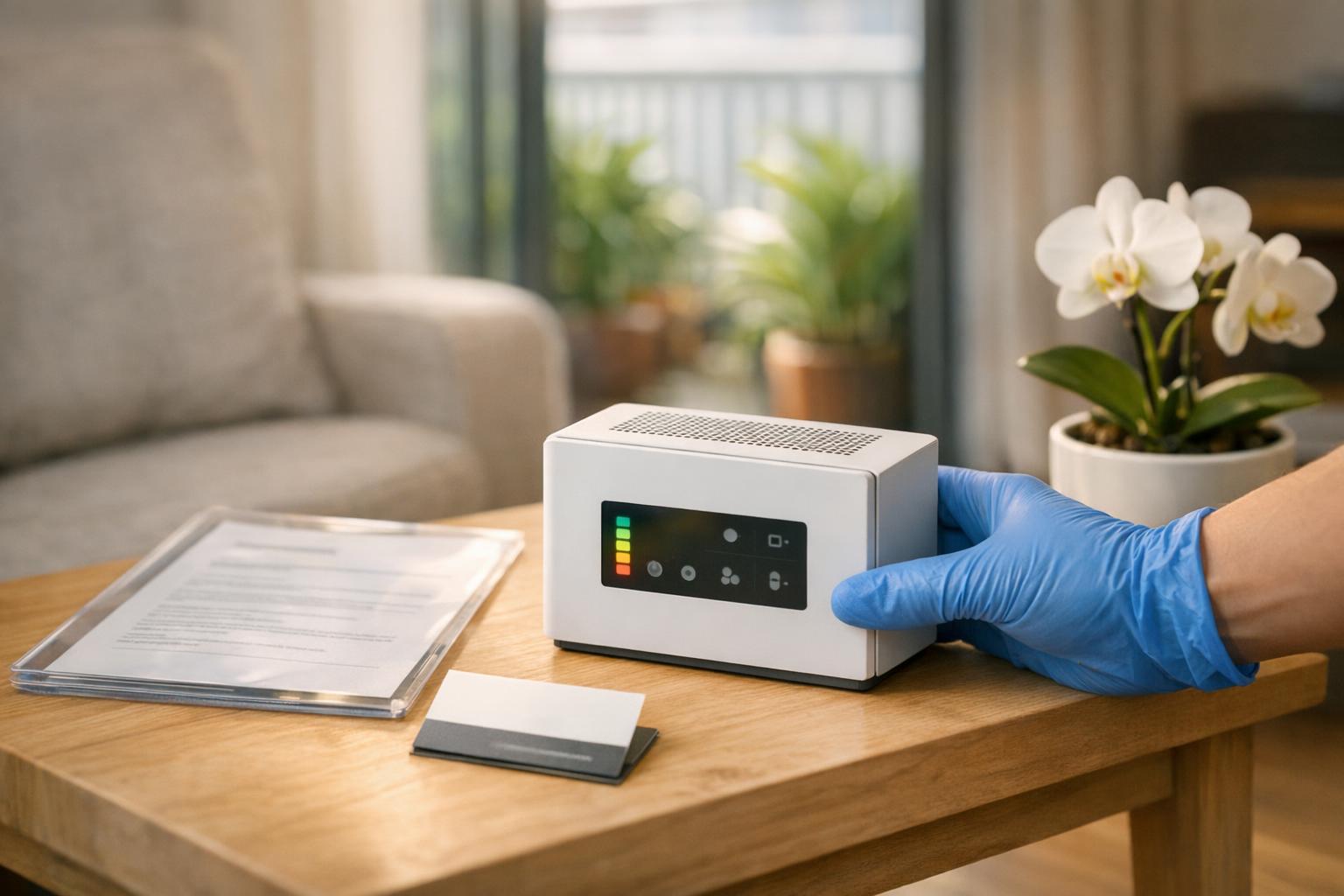 Indoor air quality testing monitor showing PM2.5, humidity, CO2, and VOC readings in a Singapore home