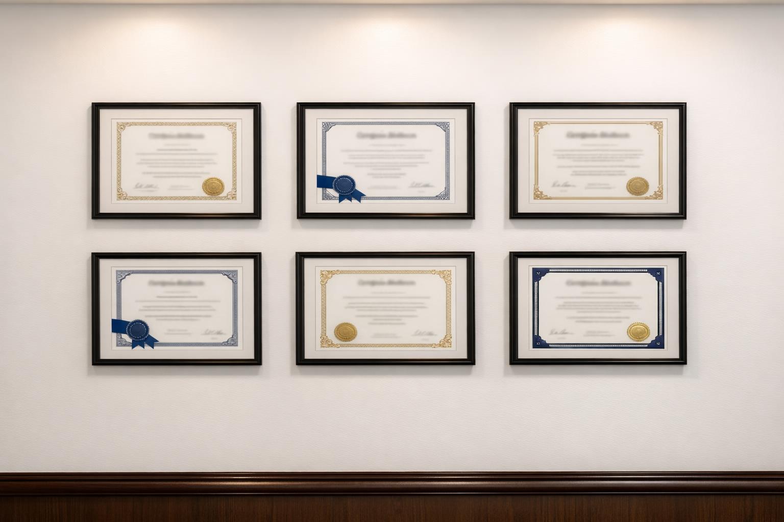 Professional wall display of mold remediation industry certifications and accreditation certificates
