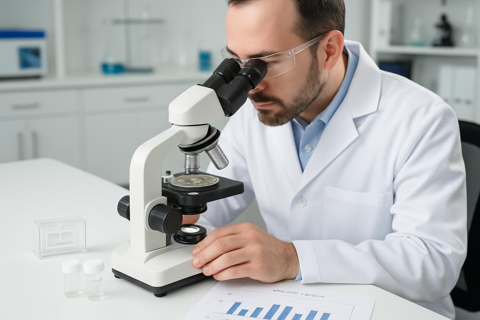 Lab technician examining mold samples under microscope for species identification