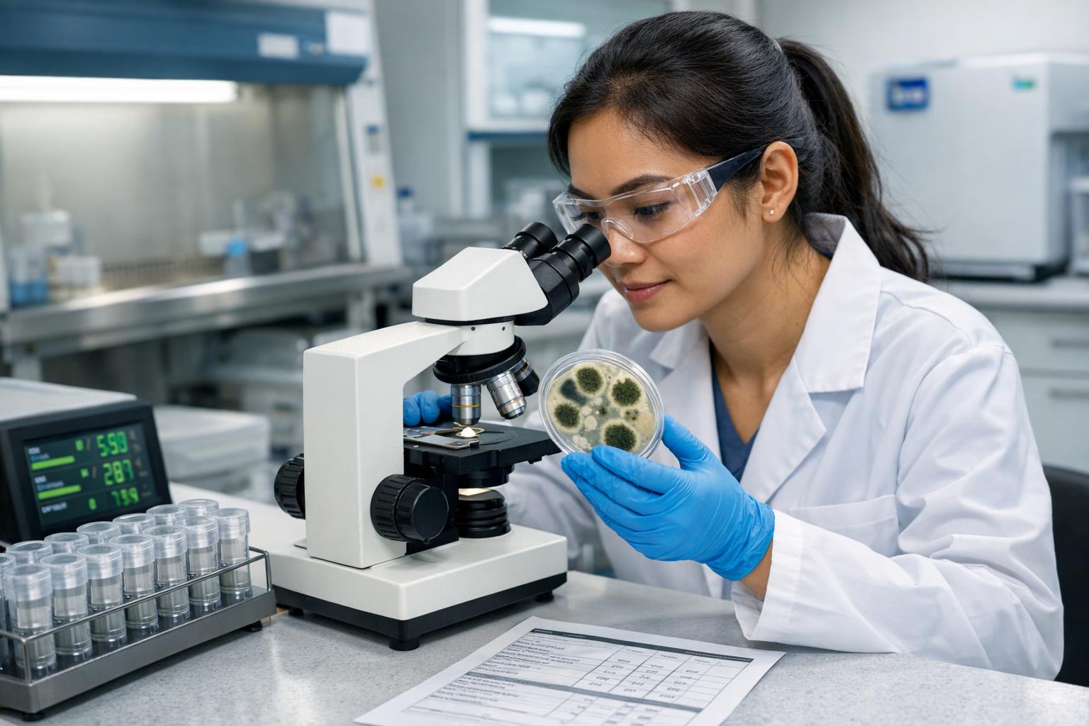 Lab technician examining mold spore samples under microscope with air sampling cassettes