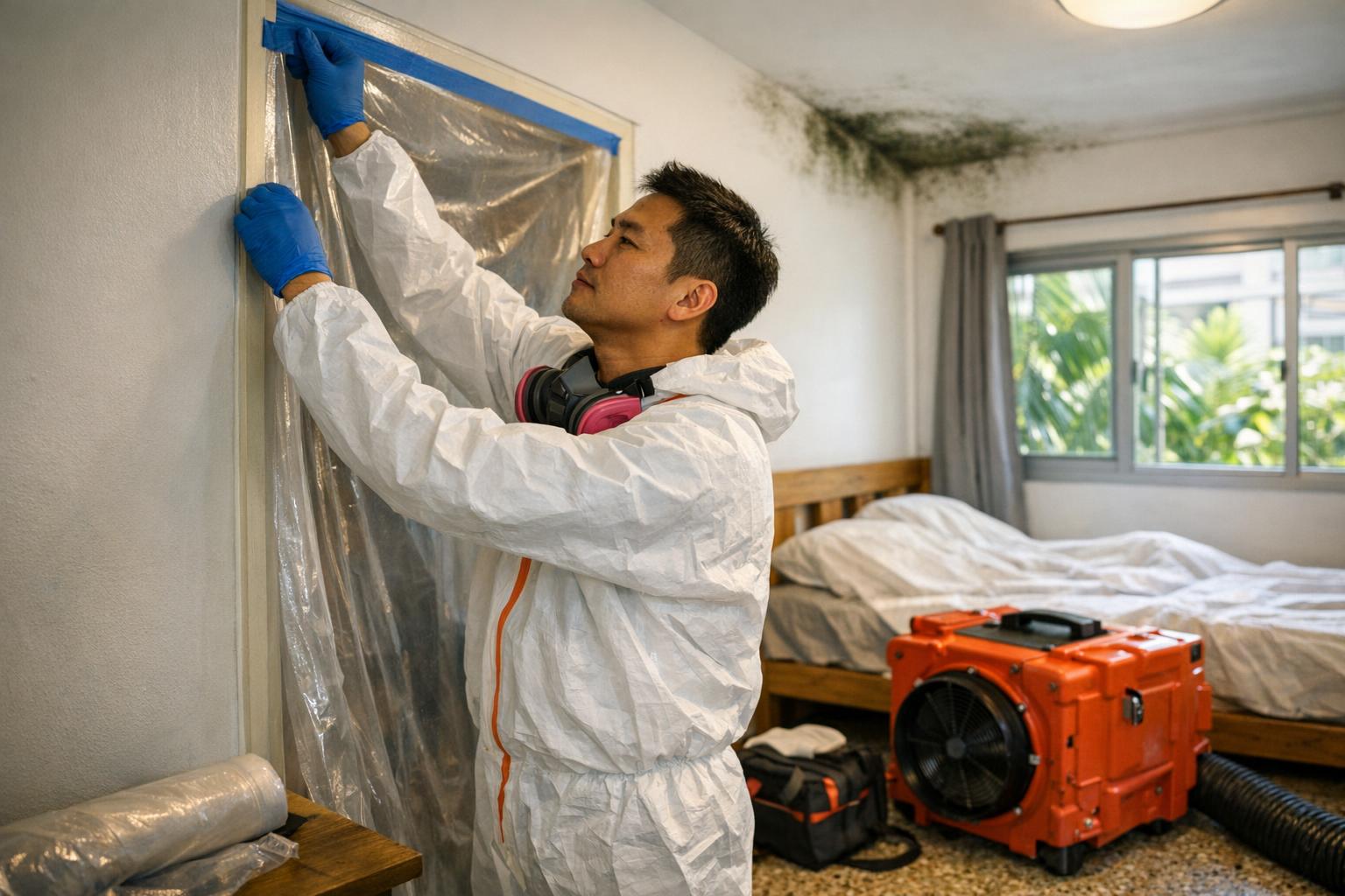 Mold remediation technician setting up containment sheeting in a Singapore HDB apartment