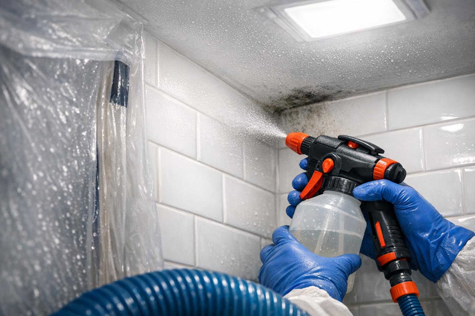 Close-up of professional anti-microbial treatment application during mold remediation