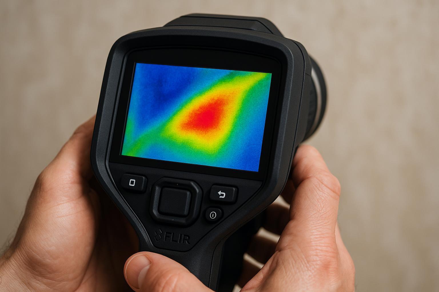 FLIR thermal camera screen showing temperature variations revealing hidden moisture behind a wall