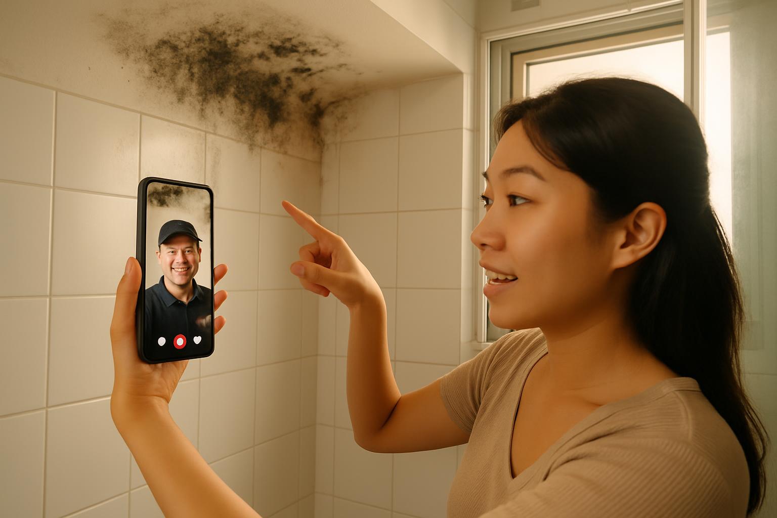 Singapore homeowner showing mold on bathroom wall via smartphone video call during virtual inspection