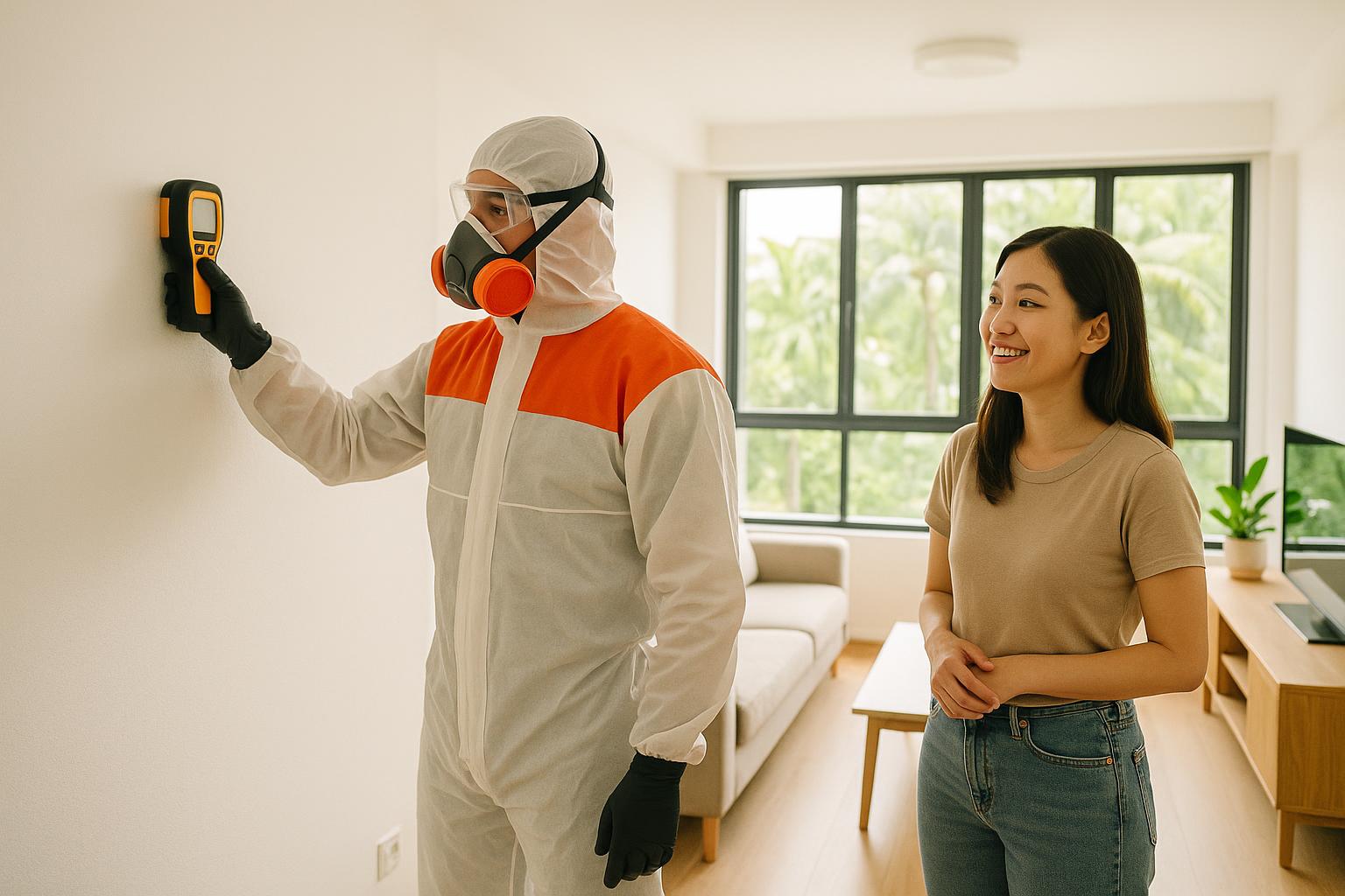 Professional mold removal technician inspecting a Singapore home for mold