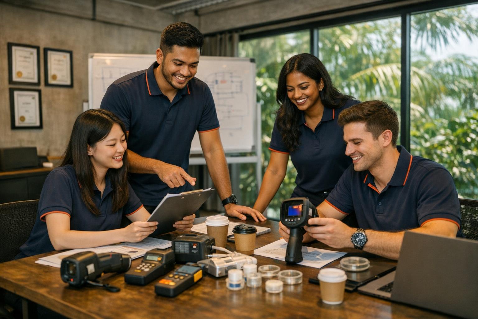 Mold Busters Singapore team collaborating in the office with professional equipment