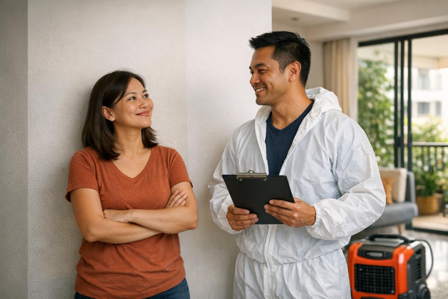 Satisfied homeowner and mold technician reviewing completed remediation work in a Singapore home