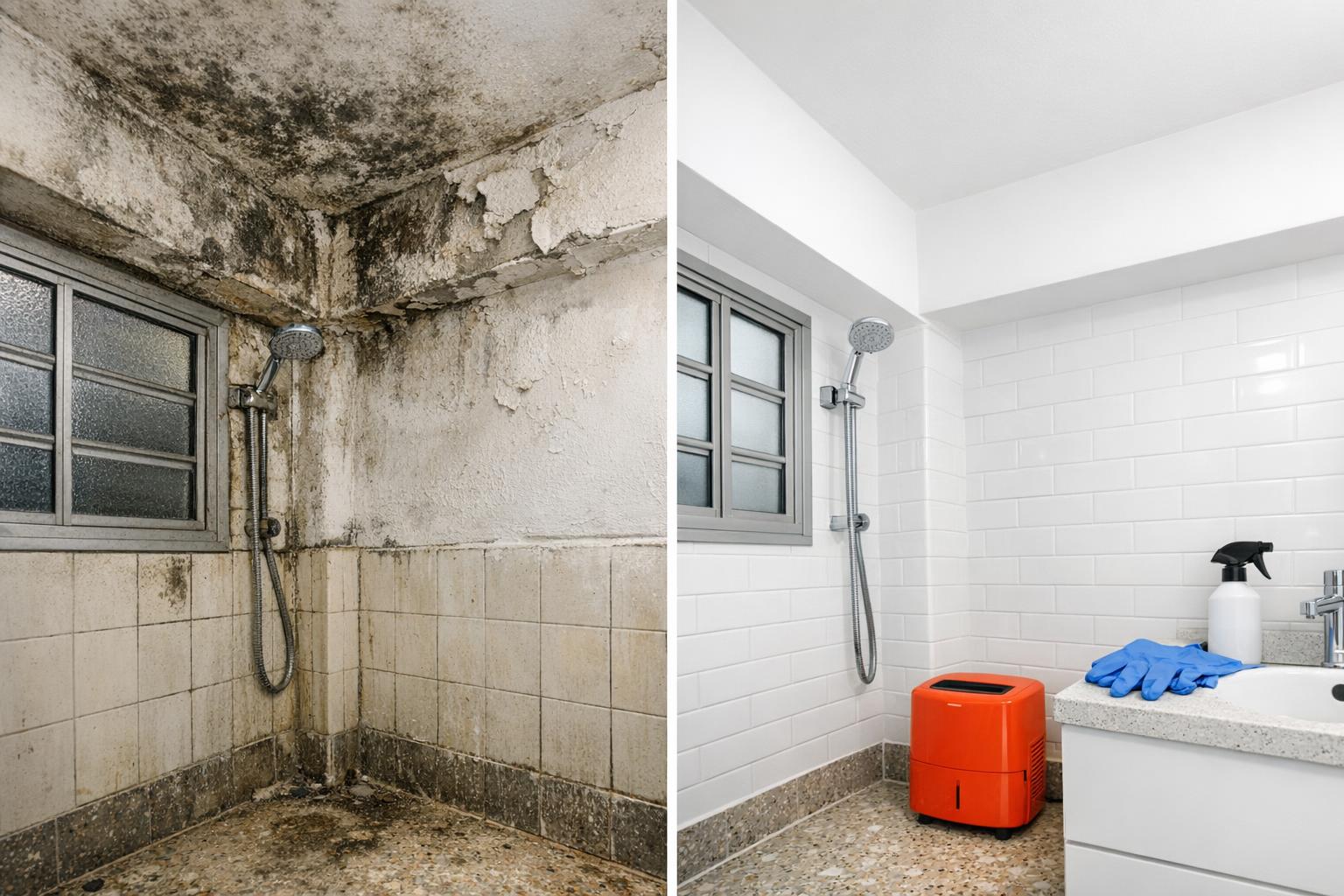 Before and after mold remediation results showing transformed bathroom in a Singapore HDB flat