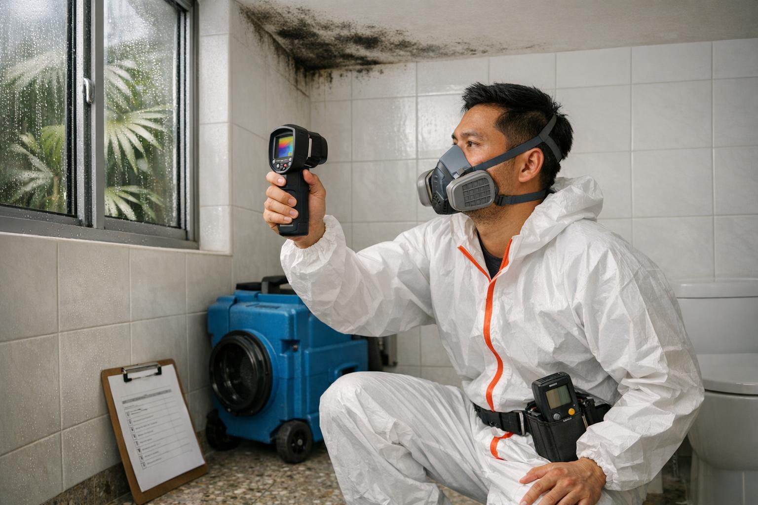 Professional mold inspector using thermal imaging camera during systematic inspection in a Singapore HDB flat