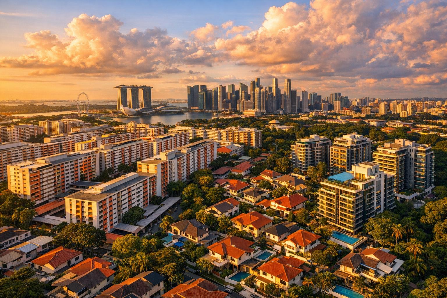 Aerial view of Singapore residential buildings including HDB flats, condominiums, and landed properties