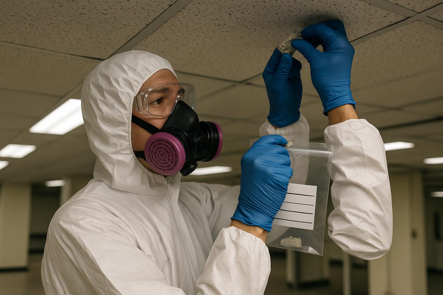 Certified asbestos testing professional in full protective gear collecting material sample in a Singapore commercial building