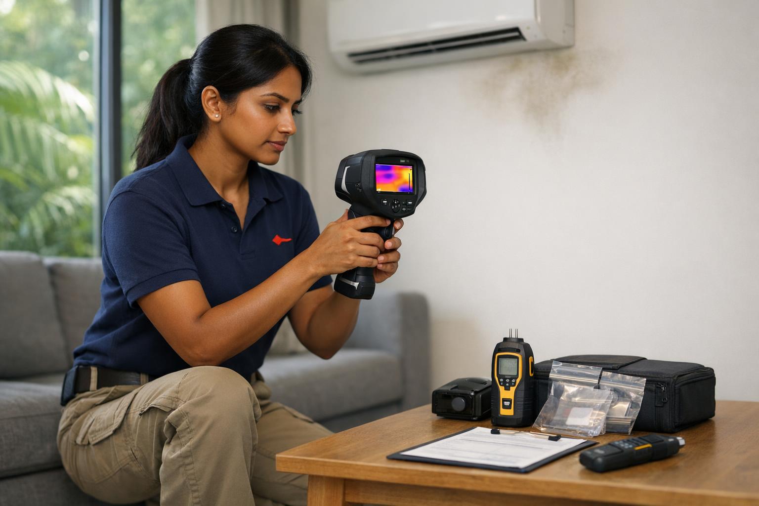 Certified mold inspector using thermal imaging camera to detect hidden mold in Singapore property