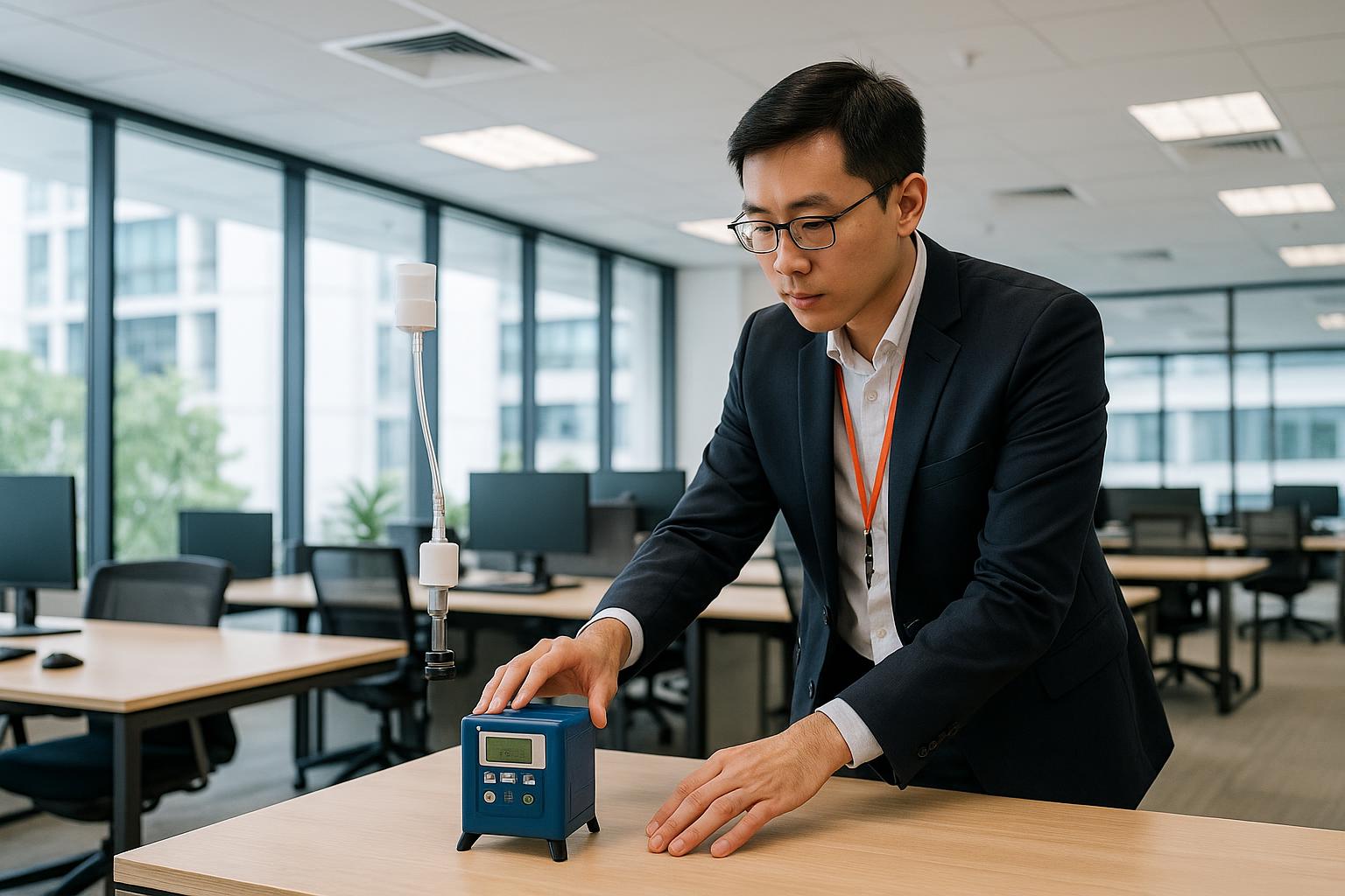 Indoor air quality testing specialist measuring air pollutants in a Singapore office