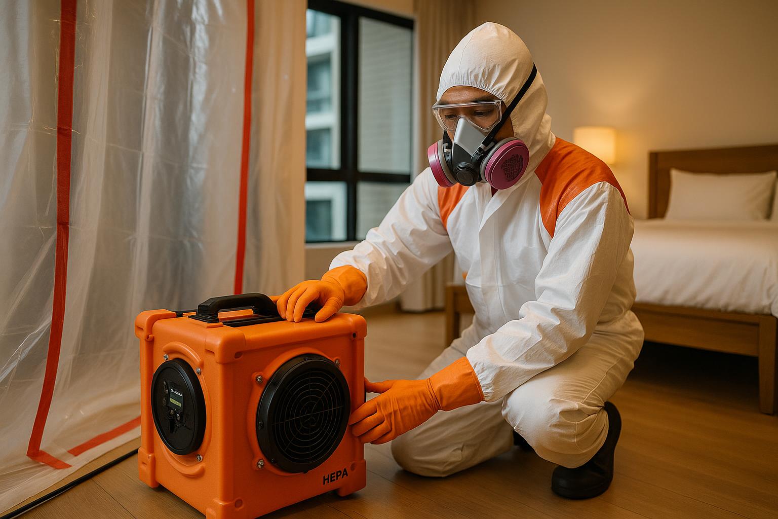 Professional mold removal technician in protective gear performing remediation in a Singapore home